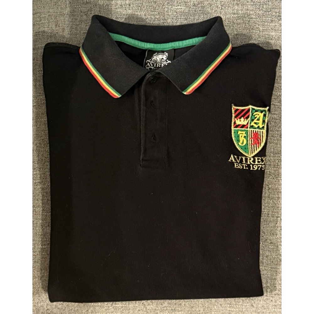 Avirex King Lion Polo Men's Size XL Embroidered Black Colorful Trim Vintage